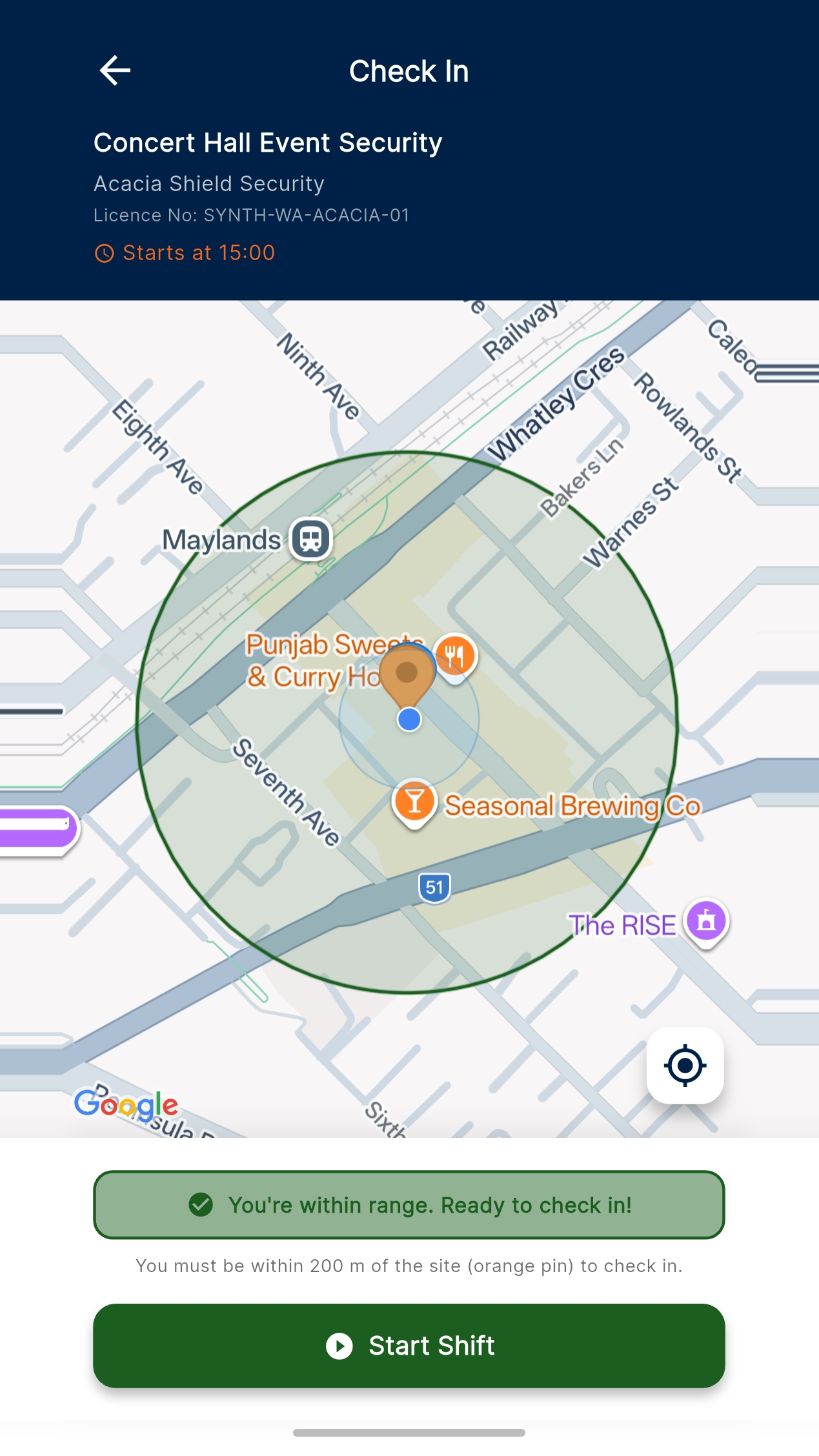 Approved Securiverse GPS check-in screenshot showing the site pin, location range and Start Shift control with demonstration data