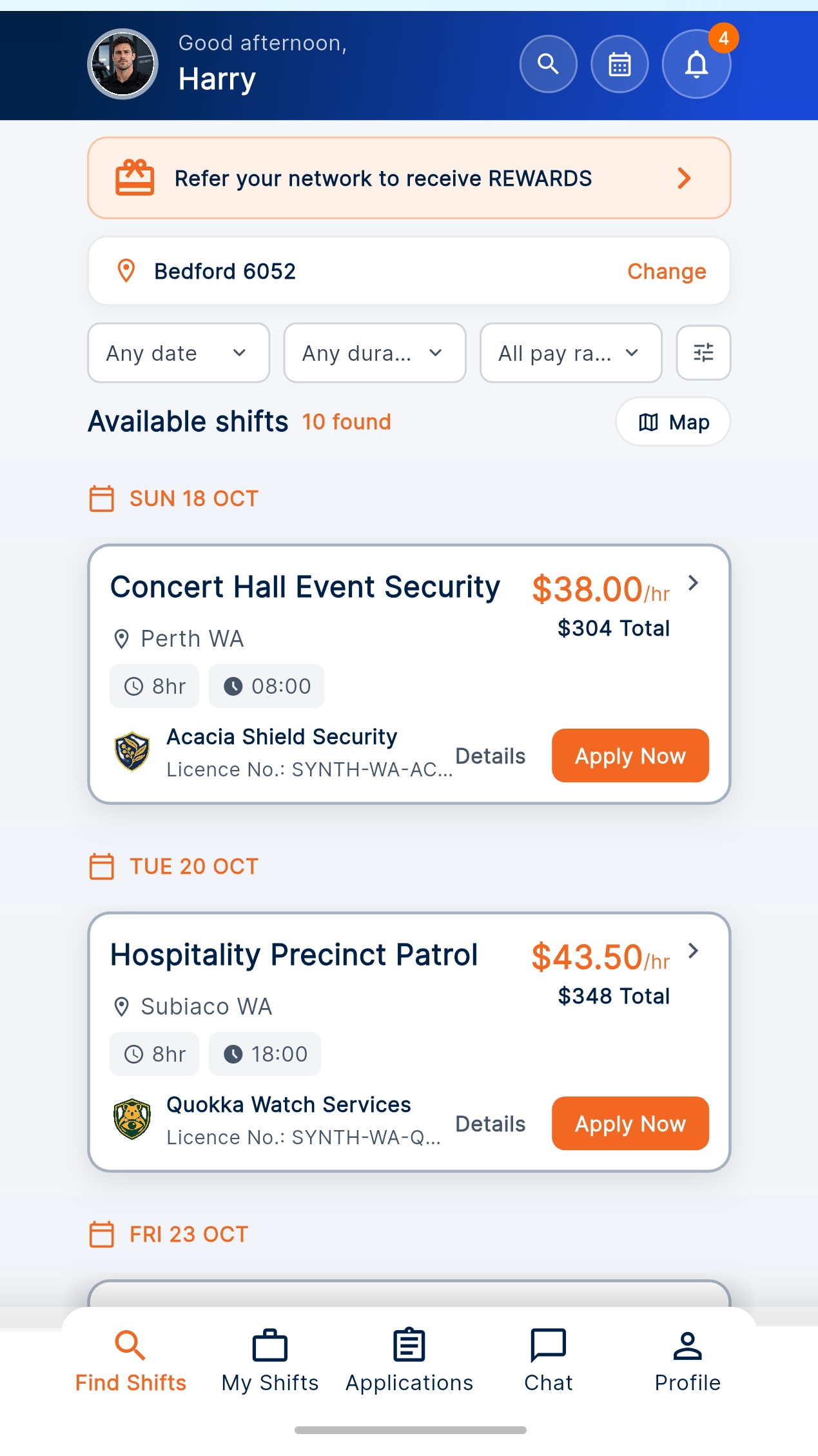 Approved Securiverse app screenshot showing available shifts and location filters