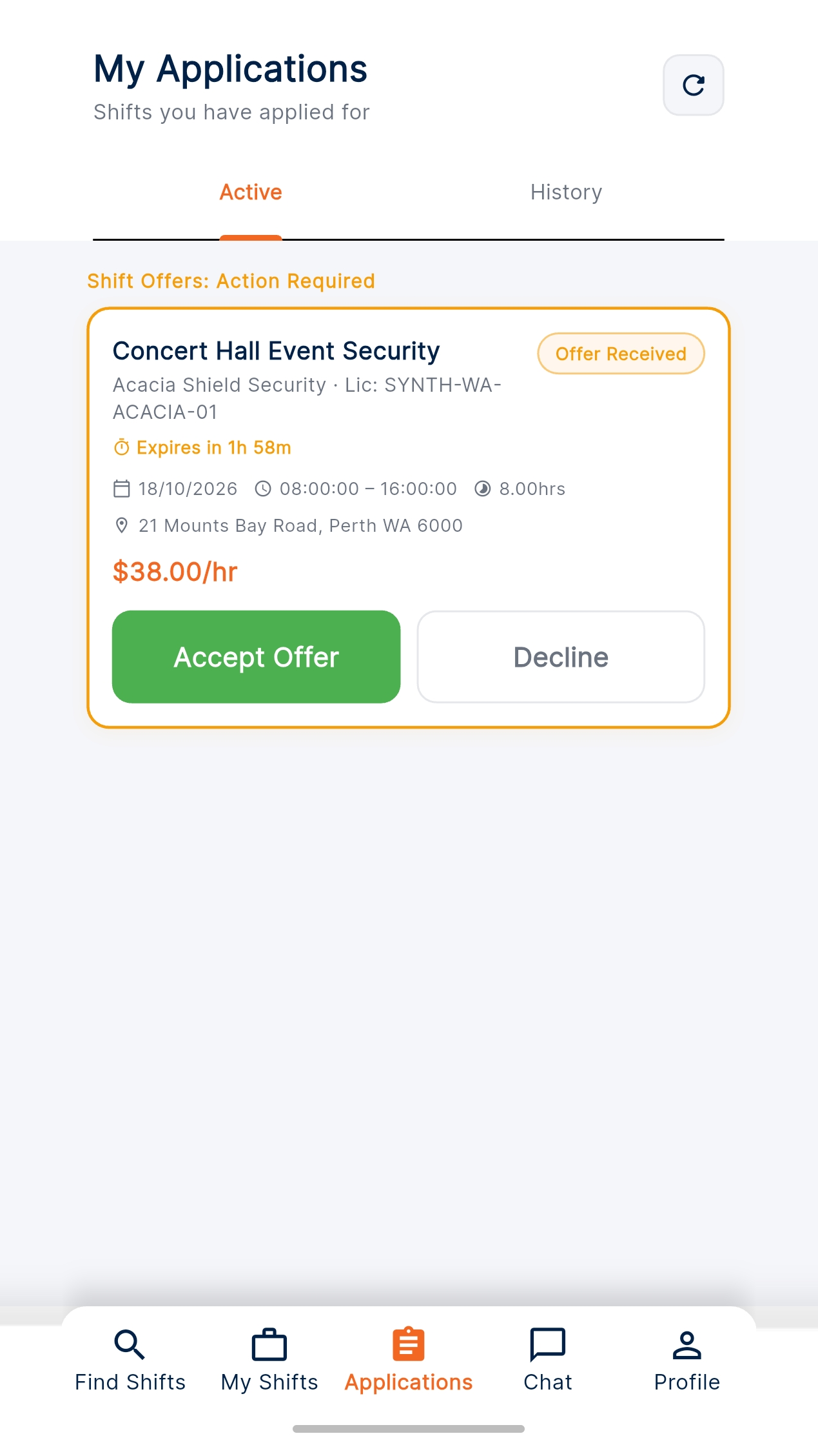 Approved Securiverse My Applications screenshot showing an incoming shift offer