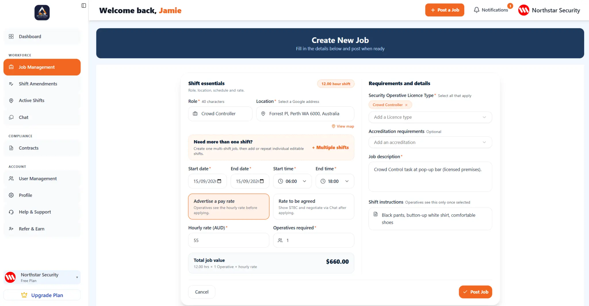 Illustrative Securiverse Company portal Create New Job screen