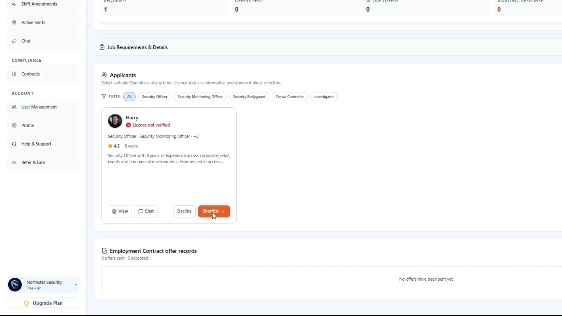 Securiverse Company Portal applicant review screen from the public demonstration walkthrough